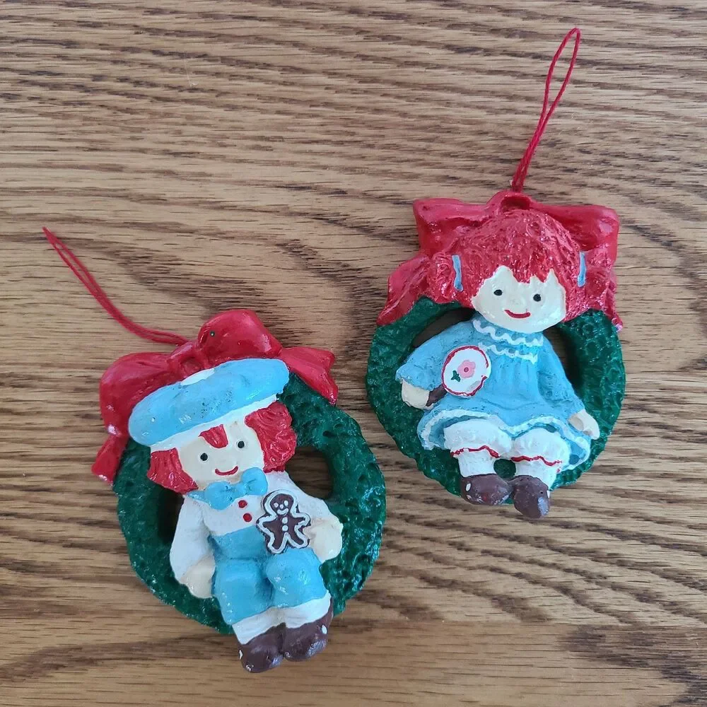 Vintage Raggedy Ann & Andy Inspired Hand Painted Christmas Ornaments Collectible